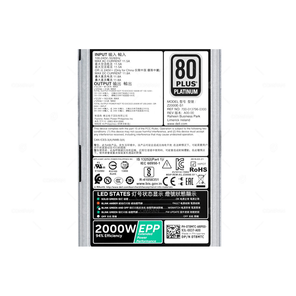 T8MTC  DELL 2000W 80 PLUS PLATINUM POWER SUPPLY FOR DELL POWEREDGE